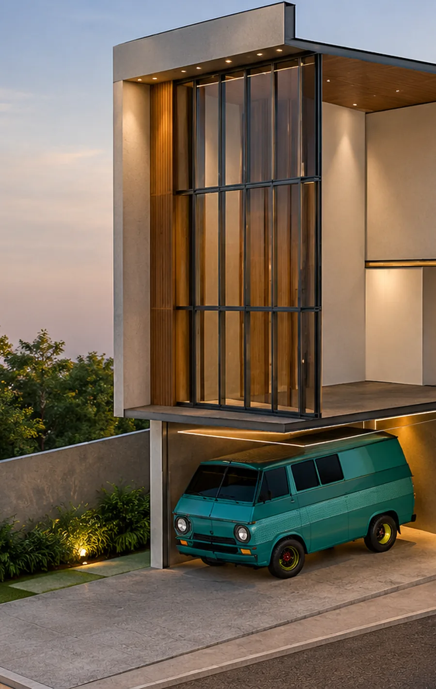 Casa contemporânea ao anoitecer, com volume de vidro elevado sobre a garagem, brise metálico e porta azul em destaque