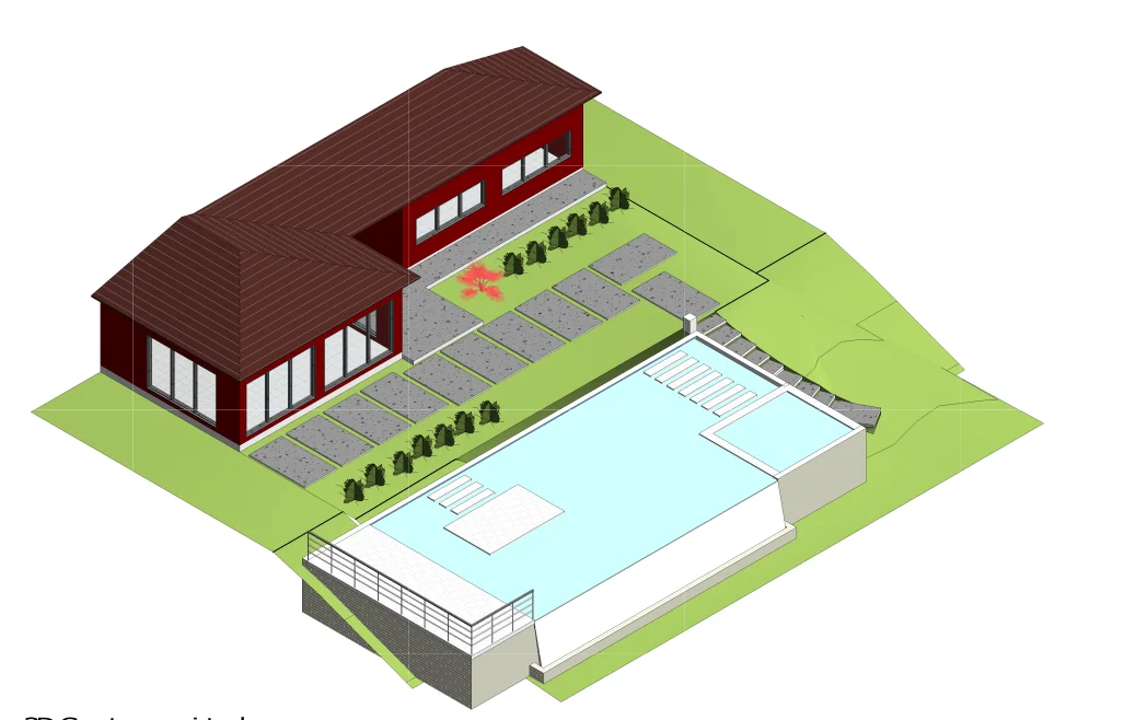 Casa com área de lazer em terreno em declive: piscina apoiada em muro de contenção, jardim e caminho de placas de concreto