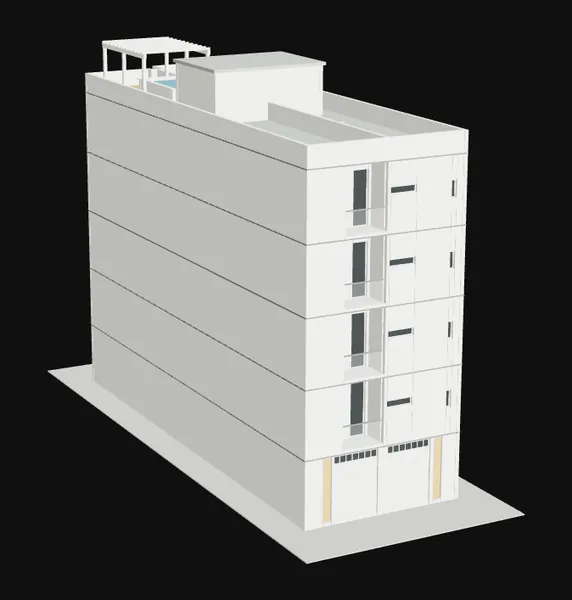 Maquete eletrônica do Edifício Milena, prédio comercial de cinco pavimentos com frente em ângulo